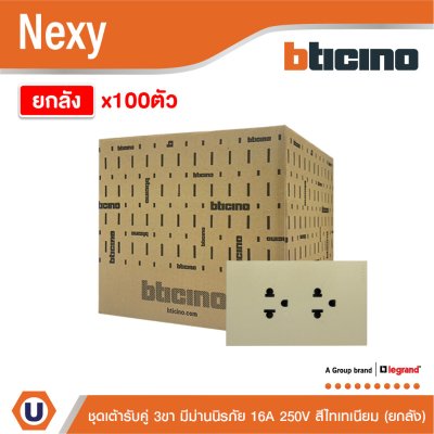 ยกลัง | BTicino ชุดเต้ารับคู่มีกราวด์ 3 ขา มีม่านนิรภัย สีไทเทเนียม 16A 250V รุ่น Nexy | QT4185A