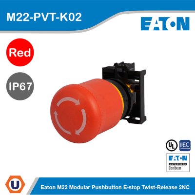 EATON M22 Modular Pushbutton E-stop Twist-release 2NC IP67 | M22-PVT-K02