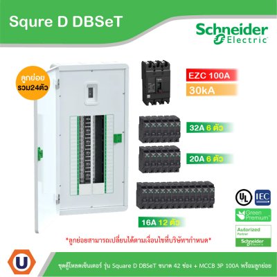 Schneider Electric ชุดตู้โหลดเซ็นเตอร์ Square D DBSeT 42ช่อง+MCCB EZC 3P 100A 30kA พร้อมลูกย่อย24ตัว