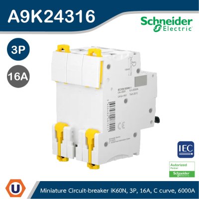 Schneider Electric Miniature Circuit-Breaker, Acti9 iK60N, 3P, 16 A, C Curve, 6000 A (IEC 60898-1) I A9K24316