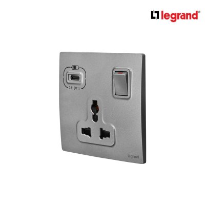 Legrand เต้ารับสากล มีสวิตช์ควบคุม + เต้ารับ Type C สีเทาดำ รุ่นมาเรียเซนต์ | Mallia Senses | 281125DS