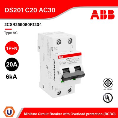 ABB Miniature Circuit Breaker with Overload protection (RCBO) Type AC 1P+N 20A 6kA 30mA 240V
