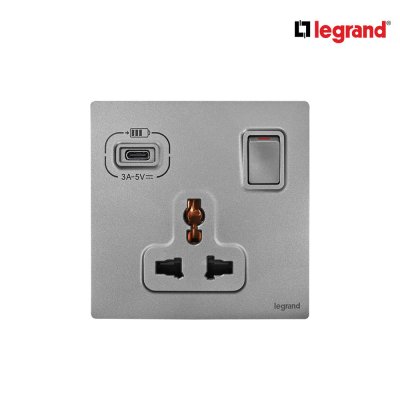 Legrand เต้ารับสากล มีสวิตช์ควบคุม + เต้ารับ Type C สีเทาดำ รุ่นมาเรียเซนต์ | Mallia Senses | 281125DS