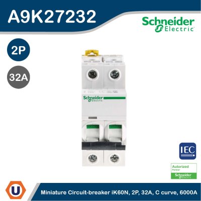 Schneider Electric Miniature Circuit-Breaker, Acti9 iK60N, 2P, 32 A, C Curve, 6000 A (IEC 60898-1) I A9K27232