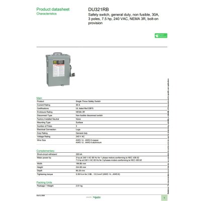 Schneider Electric Safety Switch 30A 3 เฟส 240VAC เซฟตี้สวิตช์แบบไม่มีฟิวส์ ใช้ภายนอกอาคาร | DU321RB