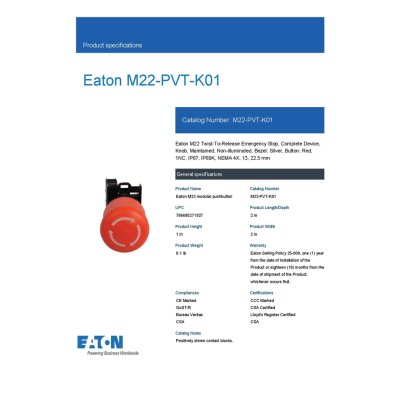 Eaton M22 Twist-To-Release Emergency Stop, Complete Device, Knob, Maintained, Bezel Silver, Red, 1NC, IP67 l M22-PVT-K01