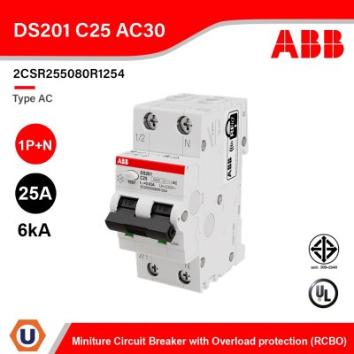 ABB DS201 C25 AC30 Miniature Circuit Breaker with Overload protection (RCBO) Type AC, 1P+N, 25A, 6kA, 30mA, 240V