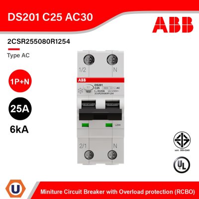 ABB DS201 C25 AC30 Miniature Circuit Breaker with Overload protection (RCBO) Type AC, 1P+N, 25A, 6kA, 30mA, 240V