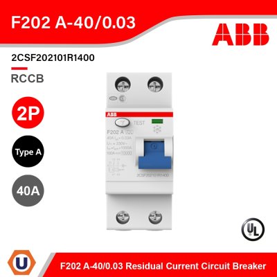 ABB F202 A-40/0.03 Residual Current Circuit Breaker (RCCB) 2P, TypeA, 30mA, 40A รุ่น F200 l 2CSF202101R1400