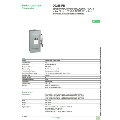 Schneider Electric Safety Switch 100A 1เฟส 240VA  เซฟตี้สวิตช์ แบบติดตั้งฟิวส์ได้ ใช้ภายนอกอาคาร | D223NRB