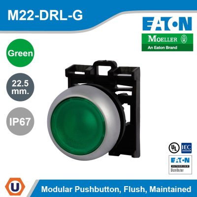 EATON M22 Modular Pushbutton 22.5mm. Flush Maintained Illuminated IP67 | M22-DRL-G