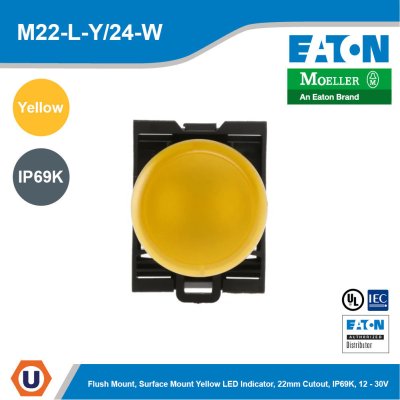 EATON RMQ Titan M22, Flush Mount, Rear, Surface Mount Yellow LED Indicator, 22mm Cutout, IP69K, Round, 12 - 30V