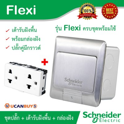 Schneider ชุดเต้ารับฝังพื้น+ปลั๊กคู่มีกราวด์ อลูมิเนียมพร้อมกล่องฝังและปลั๊กคู่มีกราวด์ รุ่น S-Flexi