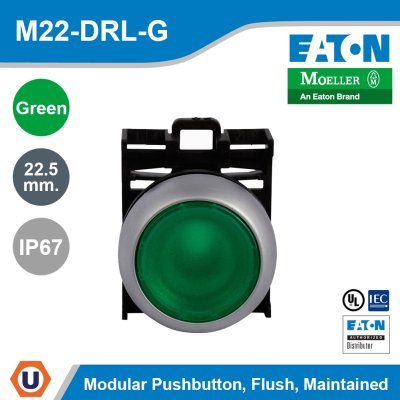 EATON M22 Modular Pushbutton 22.5mm. Flush Maintained Illuminated IP67 | M22-DRL-G