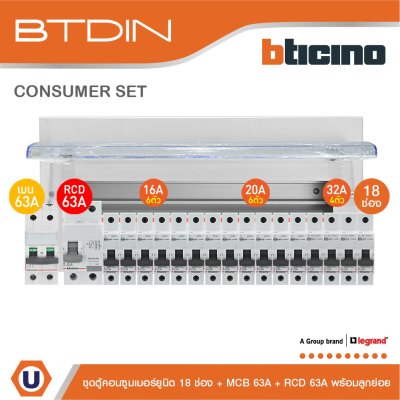 BTicino ชุดตู้คอนซูมเมอร์ยูนิต BTDIN 18 ช่อง (แบบเกาะราง) + MCB 2P 63A + RCD 2P 63A