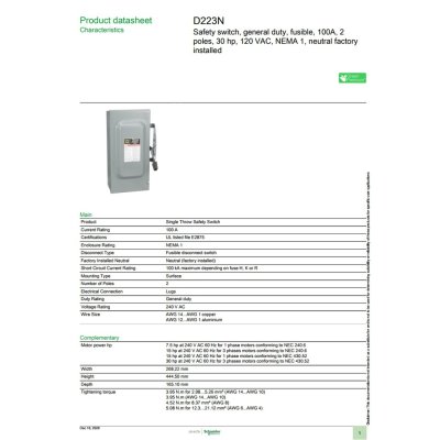 Schneider Electric Safety Switch 100A 1 เฟส 240VAC เซฟตี้สวิตช์ แบบติดตั้งฟิวส์ได้ ใช้ภายในอาคาร | D223N