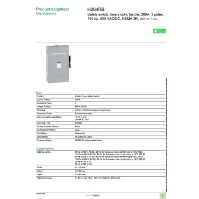 Schneider Electric Safety Switch 200A 3 เฟส 600VAC เซฟตี้สวิตช์ แบบติดตั้งฟิวส์ได้ ใช้ภายนอกอาคาร | H364RB