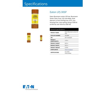 EATON LPJ-30SP Time Delay fuses , Low-Peak dual-element, Class J, 30A, 600Vac (ฟิวส์แบบขาดช้า)