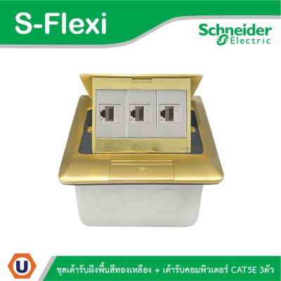 Schneider ชุดเต้ารับฝังพื้นสีทองเหลือง+เต้ารับคอมพิวเตอร์ CAT5E 3ตัว รุ่น S-Flexi