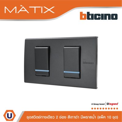 แพ็ค 10 BTicino ชุดสวิตซ์ทางเดียว2 ตัว มีพรายน้ำ พร้อมฝาครอบ 2 ช่อง สีดำ | Matix