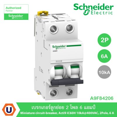 Schneider Electric Miniature circuit-breaker, Acti9 iC60H 10kA@400VAC, 2Pole, 6A | A9F84206