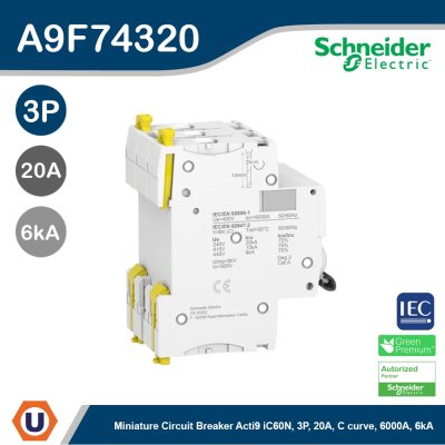 Schneider Electric Miniature circuit-breaker, Acti9 iC60N 6kA@400VAC, 3Pole, 20A | A9F74320