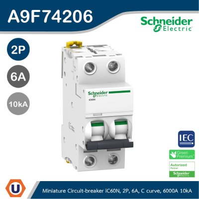 Schneider Electric Miniature circuit-breaker, Acti9 iC60N 6kA@400VAC, 2Pole, 6A | A9F74206