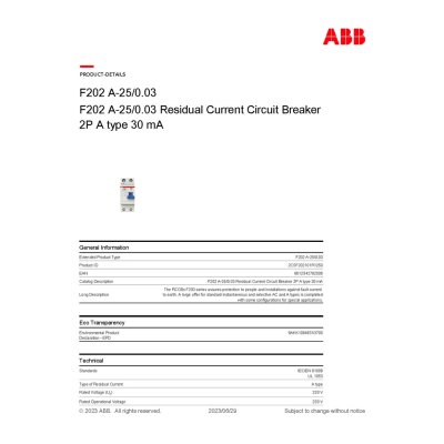 ABB F202 A-25/0.03 Residual Current Circuit Breaker (RCCB) 2P, TypeA, 30mA, 25A รุ่น F200 l 2CSF202101R1250