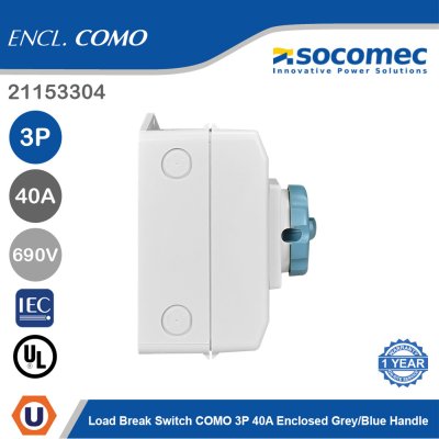 Socomec Load Break Switch COMO 3P 40A Enclosed Grey/Blue Handle | 21153304