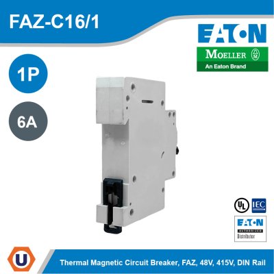 EATON Thermal Magnetic Circuit Breaker FAZ 6A 1 Pole 48 VDC 415 VAC DIN Rail | FAZ-C6/1