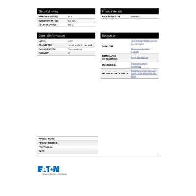 EATON LPJ-30SP Time Delay fuses , Low-Peak dual-element, Class J, 30A, 600Vac (ฟิวส์แบบขาดช้า)