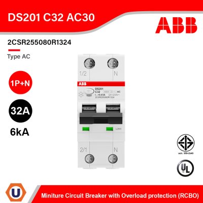 ABB Miniature Circuit Breaker with Overload protection (RCBO) Type AC 1P+N 32A 6kA 30mA 240V