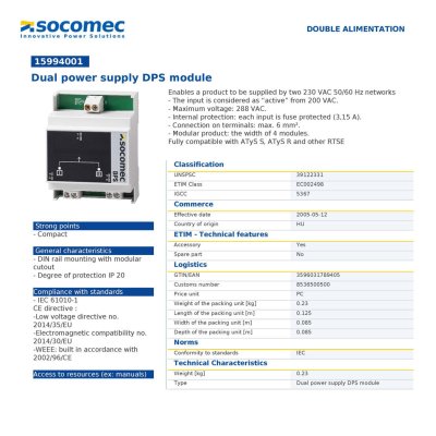 Socomec Dual Power Supply Device for Transfer Switch | 15994001