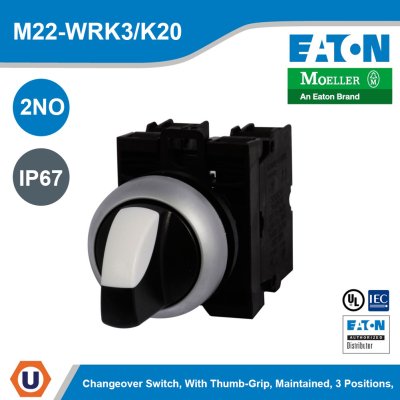 EATON M22 Selector Switch Completed Device 22.5mm. Knob Non-illuminated l M22-WRK3/K20