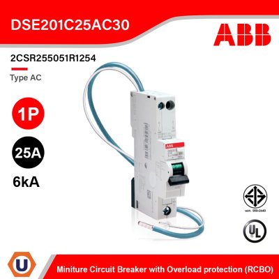 ABB DSE201 C25 AC30 Miniature Circuit Breaker with Overload protection (RCBO), Type AC, 1P, 25A, 6kA, 30mA, 240V