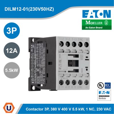 Eaton Contactor, 3 pole, 380 V 400 V 5.5 kW, 1 NC AC operation, Screw terminals | DILM12-01(230V50HZ,240V60HZ)