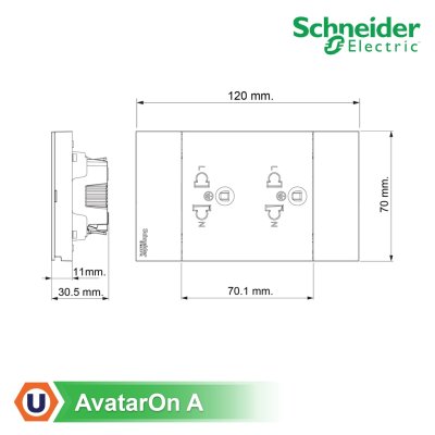 Schneider ชุดเต้ารับคู่ 3 ขา มีม่านนิรภัย สีเทา + หน้ากาก 3 ช่อง สีขาว รุ่น AvatarOn A | Ucanbuys