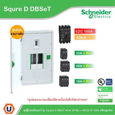 Schneider Electric ชุดตู้โหลดเซ็นเตอร์ Square D DBSeT 18ช่อง+MCCB EZC 3P 100A 30kA พร้อมลูกย่อย 14ตัว