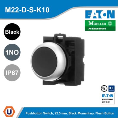 EATON Pushbutton, Black Actuator, Silver Bezel, 1No, Ip67, Ip69K, Non-Illuminated l M22-D-S-K10