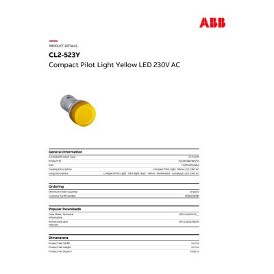 ABB Pilot lamp (with LED) ไฟเลี้ยง 230 VAC Yellow | 1SFA619403R5233 | CL2-523Y