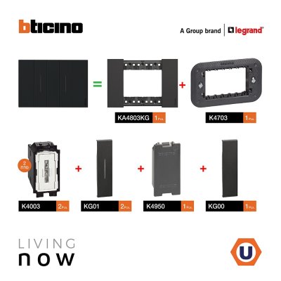 BTicino ชุดสวิตช์สองทาง 2 สวิตช์ พร้อมหน้ากากขนาด 3 ช่อง สีดำ 2 WAY Switch 2 modules, cover plate black | Living Now