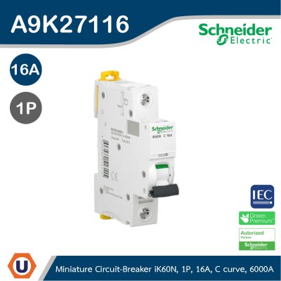Schneider Electric Miniature Circuit-Breaker, Acti9 iK60N, 1P, 16 A, C Curve, 6000 A (IEC 60898-1) I A9K27116