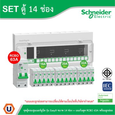 Schneider Electric ชุดตู้คอนชูมเมอร์ยูนิต รุ่น Easy9 Plug-On ขนาด 14ช่อง+เมนกันดูด RCBO 1P+N 63A