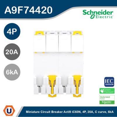 Schneider Electric Miniature circuit breaker (MCB), Acti9 iC60H 4P, 20A, C curve, 6000A, 10kA | A9F74420