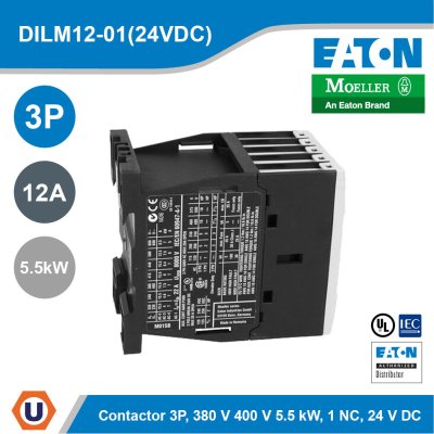 EATON Contactor 3P, 380V 400V 5.5 kW, 1 NC, 24 VDC, DC operation, Screw terminals | DILM12-01(24VDC)