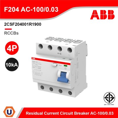 ABB 2CSF204001R1900 Residual Current Circuit Breaker (RCCB) 10kA AC-100/0.03 4P F204 AC-100/0.03