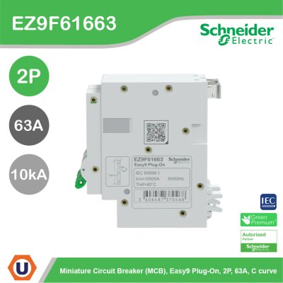 Schneider Electric เมนเซอร์กิตเบรกเกอร์ รุ่น Easy9 Plug-On ขนาด 2P 10kA 63A รหัส EZ9F61663