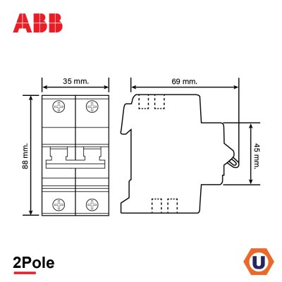 ABB S202M-C63 เมนเซอร์กิตเบรกเกอร์ 63 แอมป์ 2 โพล 10 kA  ป้องกันการใช้กระแสไฟเกินกำหนด