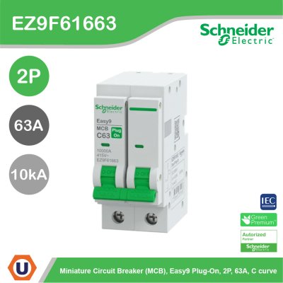 Schneider Electric เมนเซอร์กิตเบรกเกอร์ รุ่น Easy9 Plug-On ขนาด 2P 10kA 63A รหัส EZ9F61663