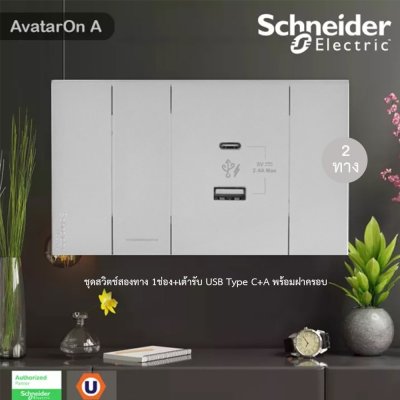 Schneider Electric ชุดสวิตช์สองทาง 1ช่อง+เต้ารับ USB Type C+A พร้อมฝาครอบสีเทา รุ่น AvatarOn A
